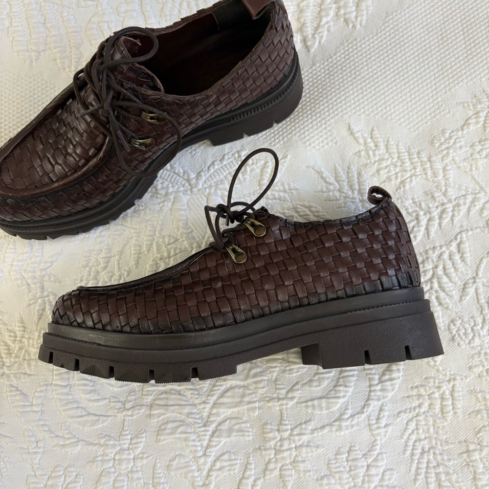 Vintage Foundry Clotilde chunky loafer Women’s 9 brown leather woven platform - Picture 7 of 16